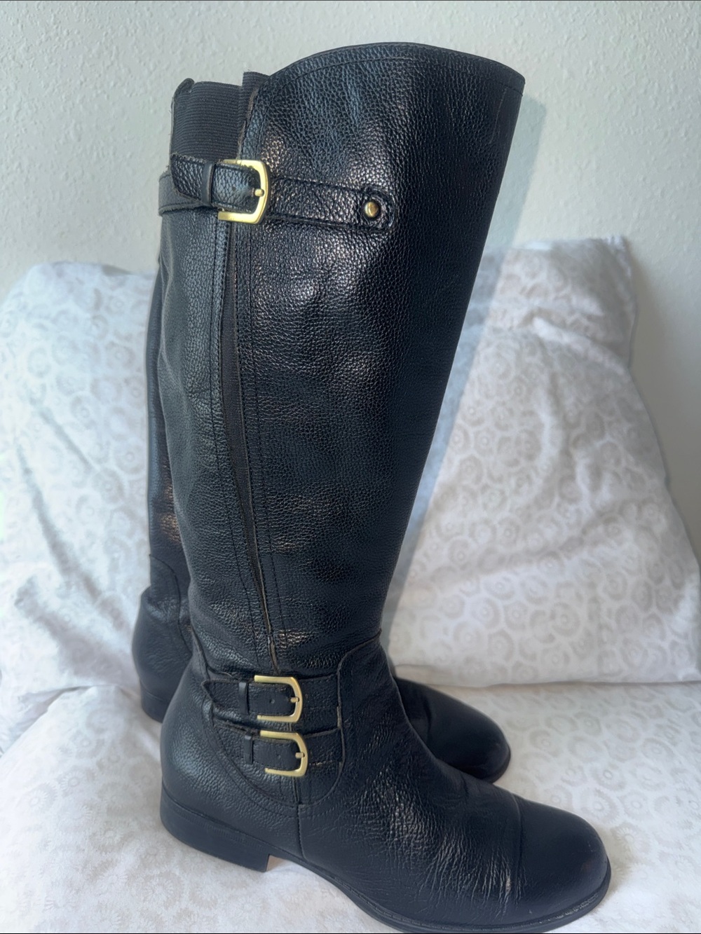 Naturalizer Black Leather Wide Calf Boots with Gold Hardware